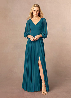 Azazie Zahara Mother of the Bride Dresses Ink Blue A-Line V-Neck Pleated Chiffon Dress image2