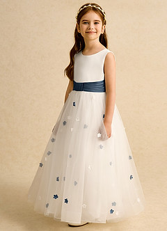 Azazie Cricket vestidos de niña de las flores Vestido de Marfil Azul Petróleo de Satin Mate de Corte Princesa con Plisado image5