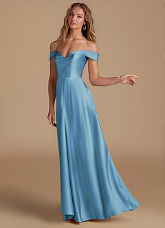 Azazie Jackalin Bridesmaid Dresses Steel Blue A-Line Off the Shoulder Metallic Satin Convertible Dress image3