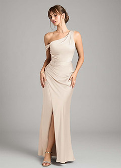 Azazie Madelyn Robes de demoiselle d'honneur Robe Sirène Convertible en Satin extensible Une épaule Albâtre Blanc image8