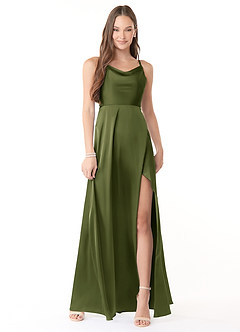 Azazie Naomie Bridesmaid Dresses Olive A-Line Cowl Neckline Side Slit Stretch Satin Dress image1