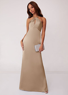 Barbie ♥ Azazie Bridesmaid Dresses Taupe Sheath Stretch Satin Dress image1
