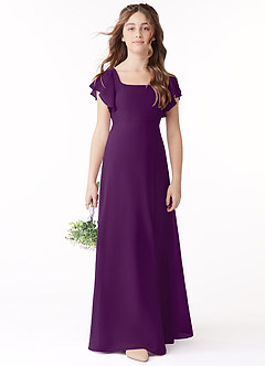 Azazie Bondi Junior Grape A-Line Bow Chiffon Dress image2
