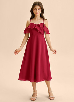 Azazie Kamilla Junior Abito A-Line in Chiffon a Spalla Scoperta Scarlatto image6