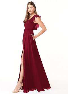 Azazie Jinny Brautjungfernkleider A-Linie Quadratischer Ausschnitt Gerüscht Chiffon Kleid Burgunderrot image3