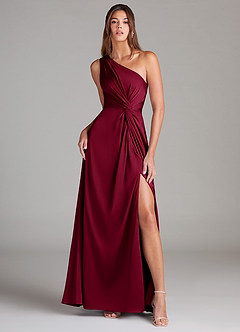 Azazie Brooke Bridesmaid Dresses Burgundy A-Line One Shoulder Stretch Satin Dress image1