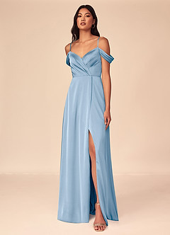 Azazie Ocean Bridesmaid Dresses Powder Blue A-Line V-Neck Pleated Stretch Satin Dress image1