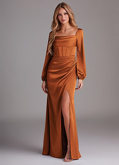 Azazie Charissa Bridesmaid Dresses Cinnamon Sheath Long Sleeve Stretch Satin Dress image4