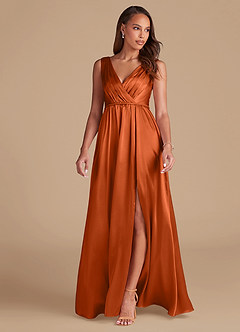 Azazie Tanicia Bridesmaid Dresses Burnt Orange A-Line Pleated Metallic Satin Dress image3