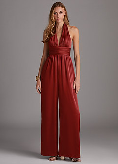 Azazie Oli Bridesmaid Dresses Pomegranate Pleated Stretch Satin Jumpsuit image3