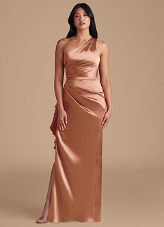 Azazie Latrice Bridesmaid Dresses Bronzer Sheath One Shoulder Metallic Satin Dress image2