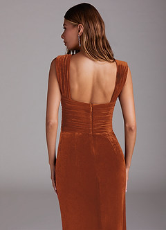 Azazie Genesis Bridesmaid Dresses Burnt Orange Sheath Pleated Velvet Dress image5