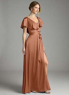 Azazie Lainey Bridesmaid Dresses Bronzer A-Line with Pockets Stretch Satin Dress image5