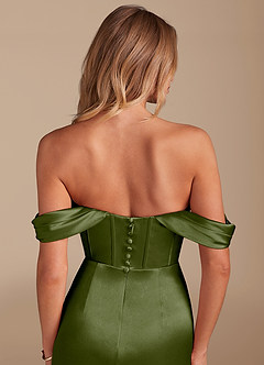 Azazie Asha Bridesmaid Dresses Olive Sheath Off the Shoulder Metallic Satin Dress image6