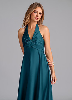 Azazie Tessie Bridesmaid Dresses Ink Blue A-Line Pleated Stretch Satin Dress image3