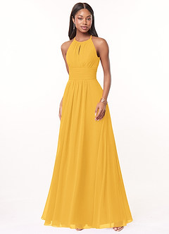 Azazie Bonnie Bridesmaid Dresses Marigold A-Line Keyhole Ruched Chiffon Dress image1