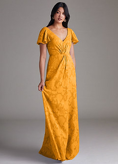 Azazie Soren Brautjungfernkleider A-Linie Plissee Blumen-Burnout Kleid Butterscotch image2