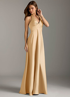 Azazie Tessie Bridesmaid Dresses Gold A-Line Pleated Stretch Satin Dress image4