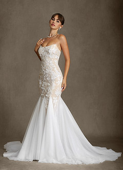 Azazie Harmony Wedding Dresses Diamond White Champagne Mermaid Strapless Tulle Dress image8