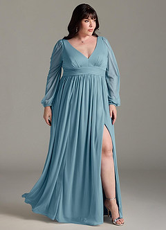 Azazie Norah Bridesmaid Dresses Moody Blue A-Line V-Neck Long Sleeve Chiffon Dress image9