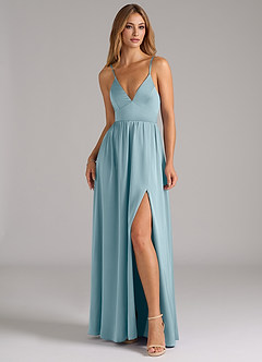 Azazie Aaida Bridesmaid Dresses Moody Blue A-Line Corset Stretch Satin Dress image4