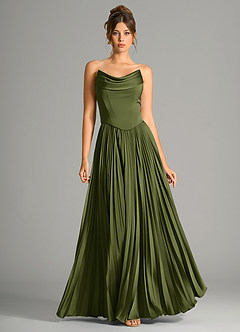 Azazie Saedra Bridesmaid Dresses Olive A-Line Corset Stretch Satin Dress image5