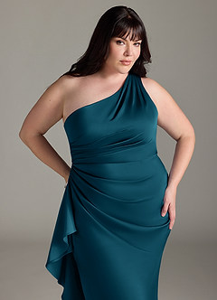 Azazie Latrice Bridesmaid Dresses Ink Blue Sheath One Shoulder Cascading Ruffles Stretch Satin Dress image10
