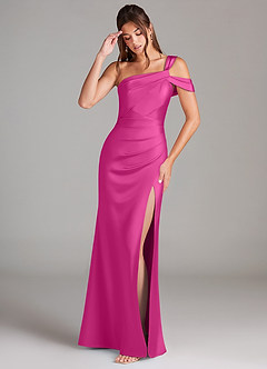 Azazie Wynter Bridesmaid Dresses Fuchsia Sheath Off the Shoulder Stretch Satin Dress image2