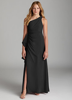 Azazie Maive Junior Black A-Line Pleated Chiffon Dress image2