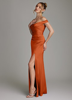 Azazie Teyana Bridesmaid Dresses Burnt Orange Sheath Off the Shoulder Stretch Satin Dress image6
