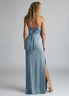 Azazie Mai Bridesmaid Dresses Dusty Blue Sheath Pleated Stretch Satin Dress image2