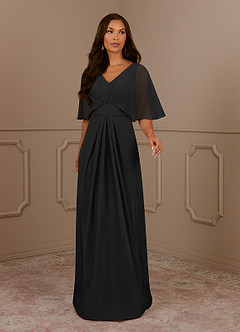 Azazie Oksana Mother of the Bride Dresses Black A-Line V-Neck Pleated Chiffon Dress image2