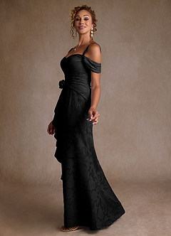 Azazie Irene Moeder van de bruid jurken A-Lijn Jurk van Bloemen Burn-out Off the Shoulder Zwart image2