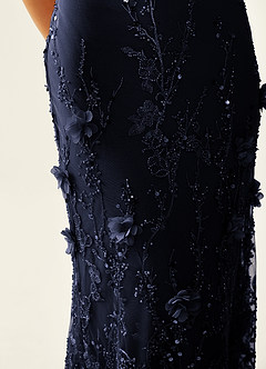 Risqunma Navy 3D Flowers Sequin Embroidery Beading Tulle Prom Dress image7