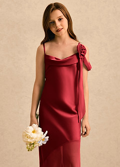 Azazie Kai Girls Formal Robe Demoiselle D'honneur Fillette Robe Fourreau en Satin extensible Plissée Écarlate image5