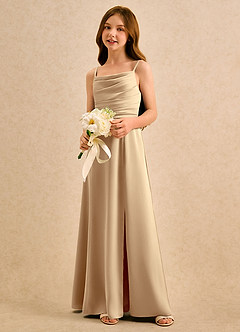 Azazie Chamomile Girls Formal Flower Girl Dresses Champagne A-Line Pleated Stretch Satin Dress image3