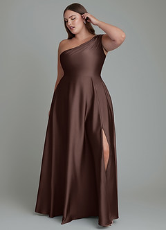 Azazie Melanie Robes de demoiselle d'honneur Robe Trapèze en Satin extensible Épaules dénudées Ganache image9