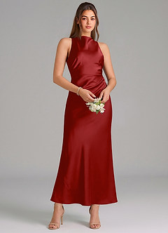 Azazie Evadne Vestidos de damas de honor Vestido de Granada de Satén Elástico de Corte Recto con Plisado image3