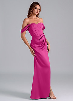 Azazie Asha Jurken voor bruidsmeisjes Converteerbaar Jurk van Stretch Satijn met Kolom Off the Shoulder Fuchsia image3