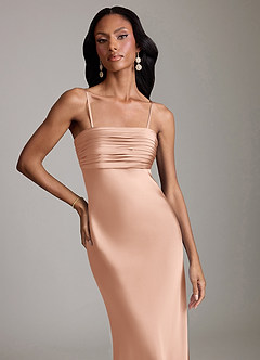 Azazie Saylor Vestidos de damas de honor Vestido de Oro Rosa de Satén Elástico de Corte Sirena con Sin tirantes image3