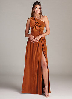 Azazie Brooke Bridesmaid Dresses Burnt Orange A-Line One Shoulder Velvet Dress image4