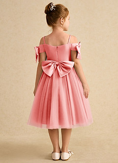 Azazie Amie Flower Girl Dresses Coral A-Line Off the Shoulder Matte Satin Dress image2