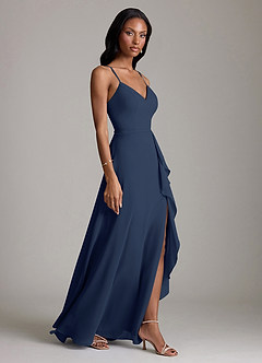 Azazie Naeem Bridesmaid Dresses Dark Navy A-Line V-Neck Ruffle Chiffon Dress image4