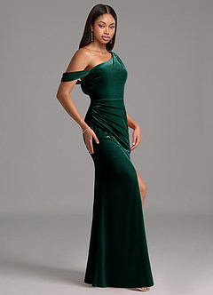 Azazie Madelyn Bridesmaid Dresses Emerald Sheath One Shoulder Velvet Dress image3