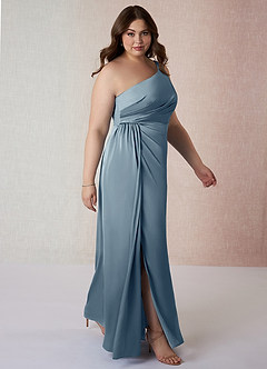 Azazie Mika Robes de demoiselle d'honneur Robe Fourreau en Satin extensible Ue épaule Bleu Poussiéreux image10