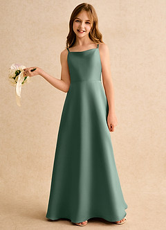 Azazie Joella Girls Formal Flower Girl Dresses Eucalyptus A-Line Pleated Matte Satin Dress image2