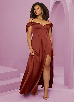 Barbie ♥ Azazie Bridesmaid Dresses Terracotta A-Line Off the Shoulder Stretch Satin Dress image10