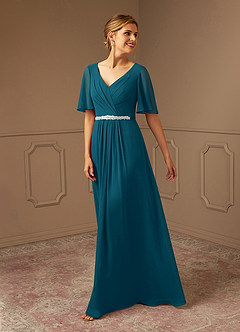 Azazie Tricia Ink Blue A-Line V-Neck Pleated Chiffon Dress | Azazie