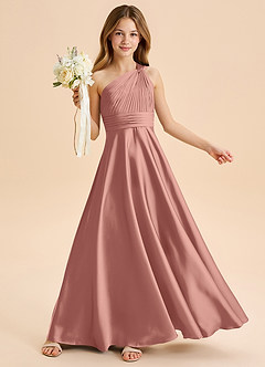 Azazie Charlize Junior Rosette A-Line Pleated Stretch Satin Dress image1