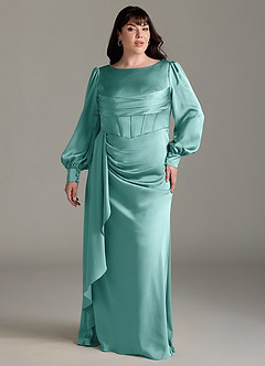 Azazie Raye Bridesmaid Dresses Aqua Mermaid Long Sleeve Stretch Satin Dress image7